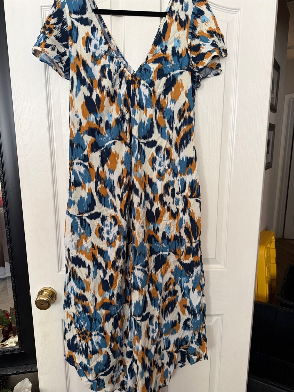 Abstract Print V-Neck Jumpsuit in Blue, Navy & Mustard